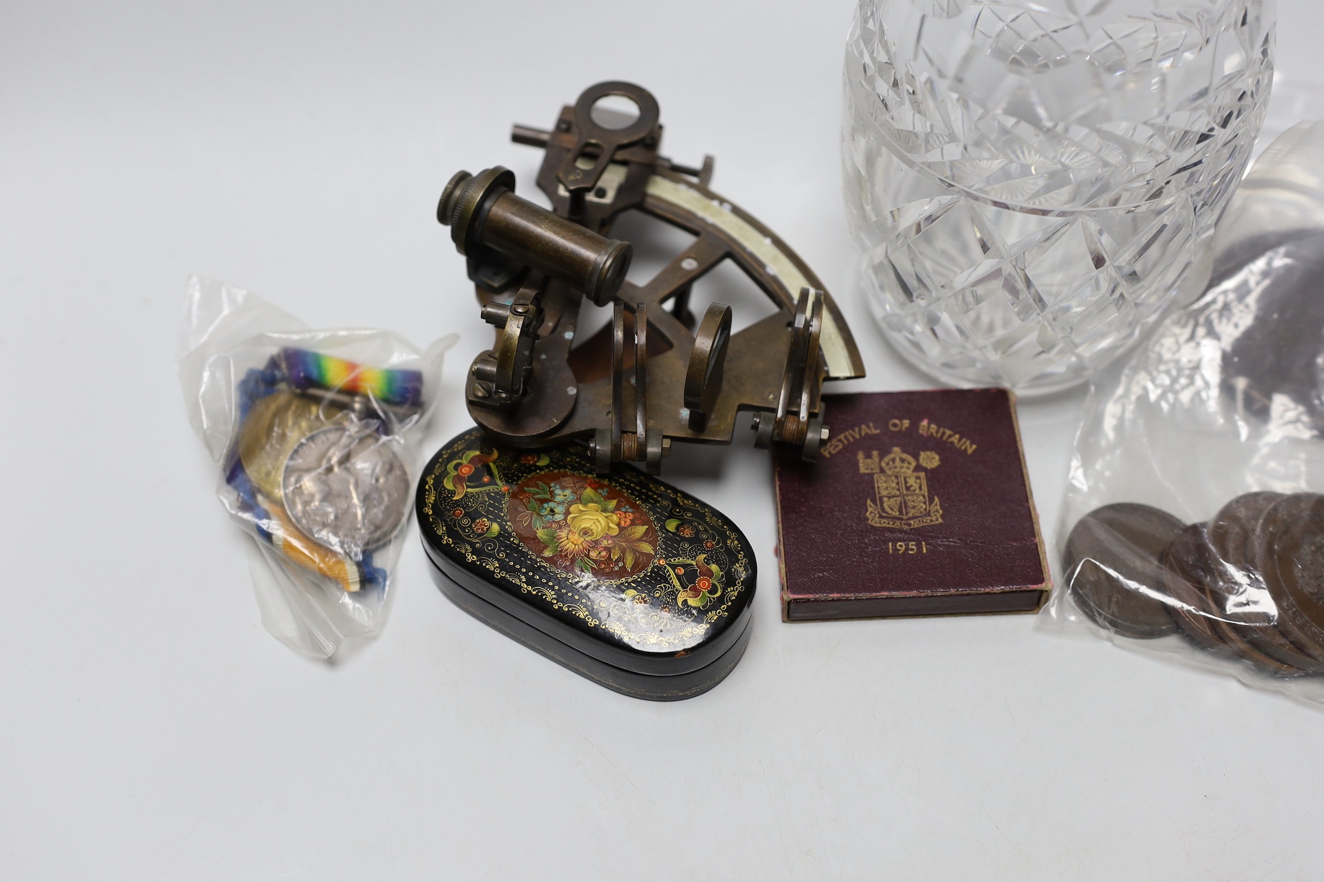 Collectables including a silver mounted decanter, a small sextant and a Russian lacquer box, 9cm